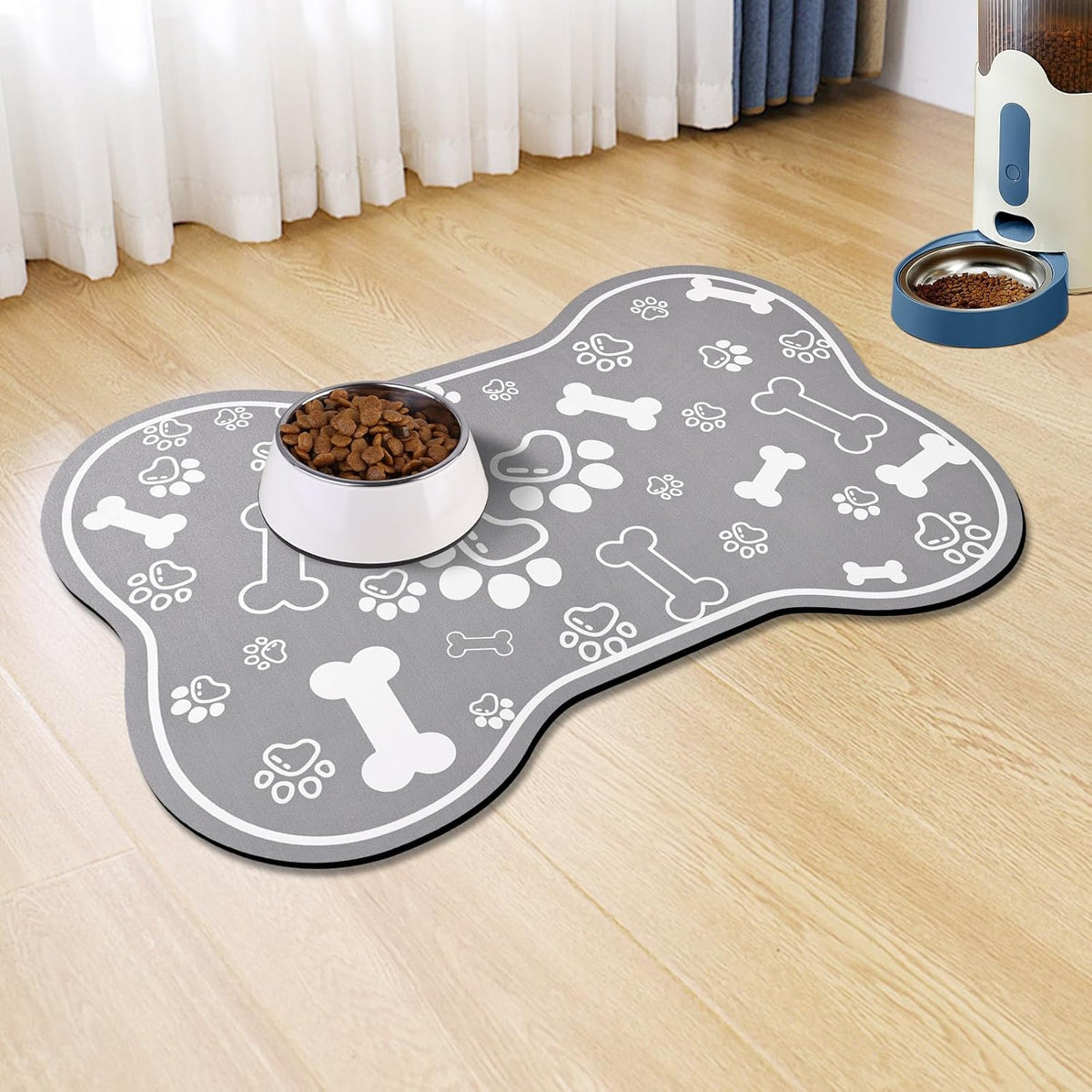 Dog Cat Food Mat,Rapid AbsorbentPet Feeding Mat, Bone Shaped Dog Placemat Water Bowl Mat with Rubber Backing,No Stains Dog Cat Food Mats Indoor, Pet Accessories Supplies 12"x18" Grey