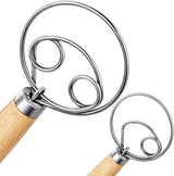 Danish Dough Whisk 2Pcs, Dutch Bread Whisk Hook, 13 Inch Premium Pastry Whisks, Wooden Hand Mixer, Stainless Steel Sourdough Baking Tools for Bread, Batter, Cake and More