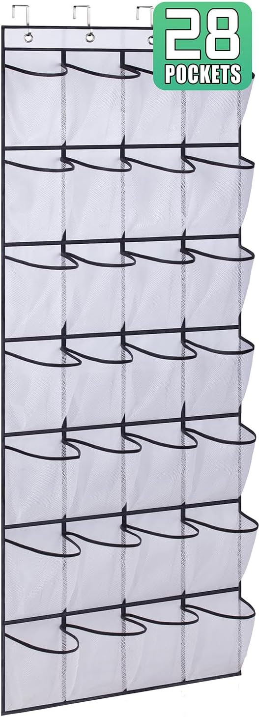 28 Large Mesh Pockets Over The Door Shoe Rack, Hanging Shoe Organizer for Closet Hanging Shoe Rack Holder Hanger, White