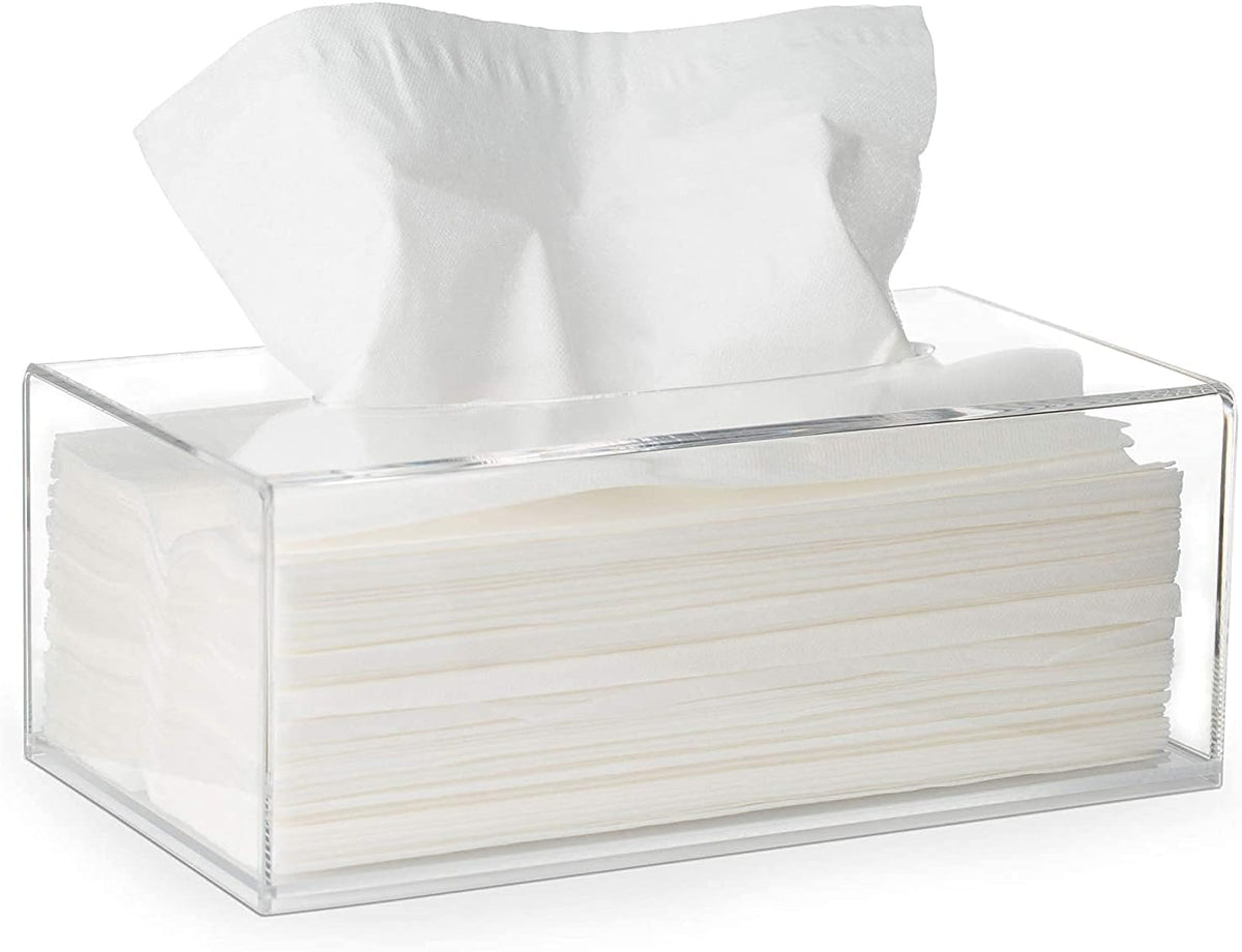 Facial Tissue Box Cover Holder- Rectangle Organizer for Bathroom Vanity, Countertops, Tables, Clear Acrylic