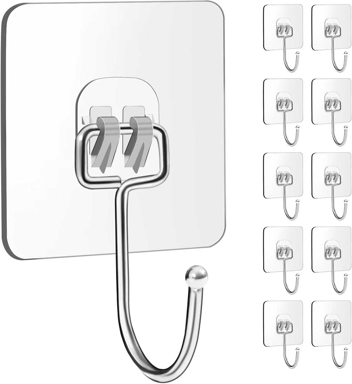 10 Packs Large Wall Hooks for Hanging Heavy Duty 33lb(Max), Waterproof Transparent Adhesive Wall Hooks Wall Hangers Without Nails Sticky Hooks for Bathroom Shower Kitchen Door Utility Hooks Hanger