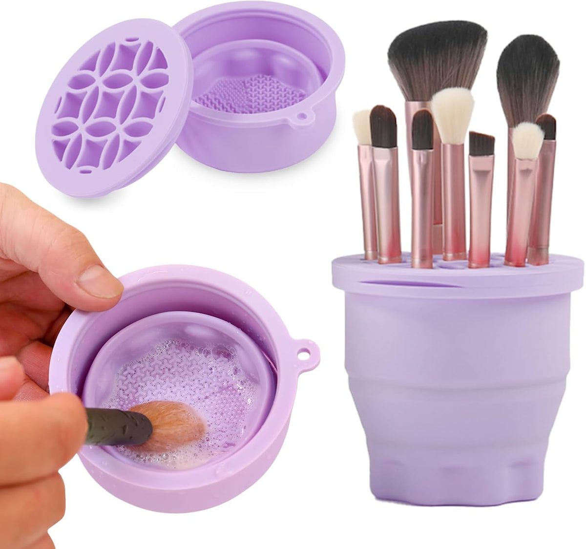 Makeup Brushes Cleaner Mat with Brush Storage Holder, Folding Portable Washing Tool for Makeup Brush Cleaning, 2 In 1 Silicone Brush Cleaner Pad & Cosmetic Brush Organizer Rack (Purple)