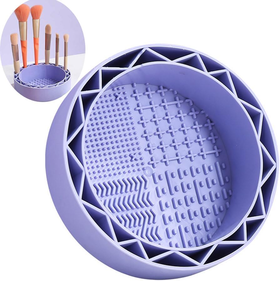 Makeup Brush Cleaner, Sillicon Brushes Cleaning Mat Brush Holder Bowl Prtable Cleaning Tool (Purple)