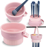 Makeup Brush Cleaner Mat 3 in 1 Silicone Makeup Brush Cleaning Bowl with Drying Holder Brush Cleaning Scrubber Tool Cosmetic Brush Cleaner with Holder for Storage Stand (Pink)
