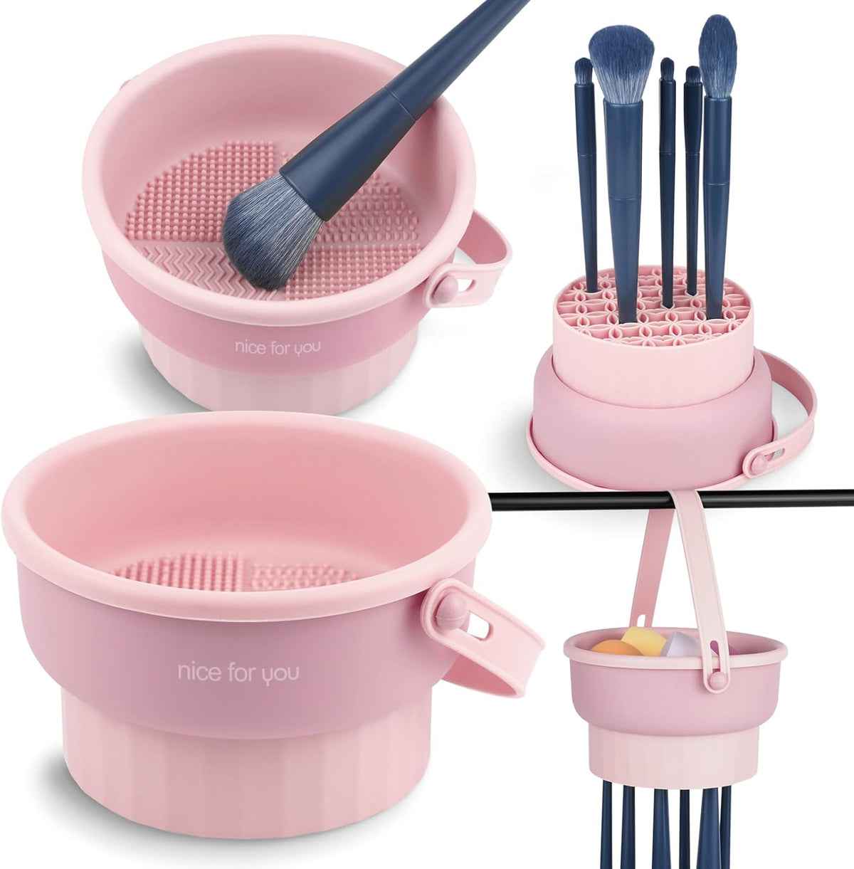Makeup Brush Cleaner Mat 3 in 1 Silicone Makeup Brush Cleaning Bowl with Drying Holder Brush Cleaning Scrubber Tool Cosmetic Brush Cleaner with Holder for Storage Stand (Pink)