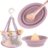 Makeup Brush Cleaning Mat & Hanging Drying Net, Foldable Silicone Makeup Brush Cleaner Brush Cleaning Pad cleaning bowl with Mesh Drying Rack Basket to dry Makeup Sponge, powder puff, brush (Purple)