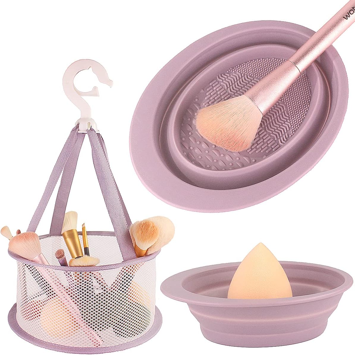 Makeup Brush Cleaning Mat & Hanging Drying Net, Foldable Silicone Makeup Brush Cleaner Brush Cleaning Pad cleaning bowl with Mesh Drying Rack Basket to dry Makeup Sponge, powder puff, brush (Purple)