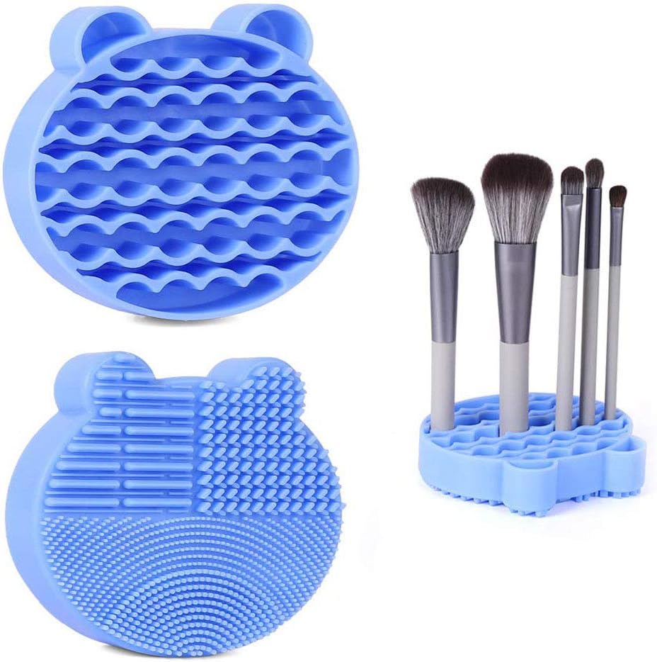 Makeup Brush Cleaning Mat, 2 in 1 Silicone Brush Cleaner Pad with Brushes Drying Holder,Portable Travel Cosmetic Brush Dryer Pad Washing Tool, Blue