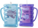 2 Pack Pouch Holder No Squeeze, Baby Food Pouch Juice Boxe Holder with Handle for Food Pouches and Drinks, Blue/Purple