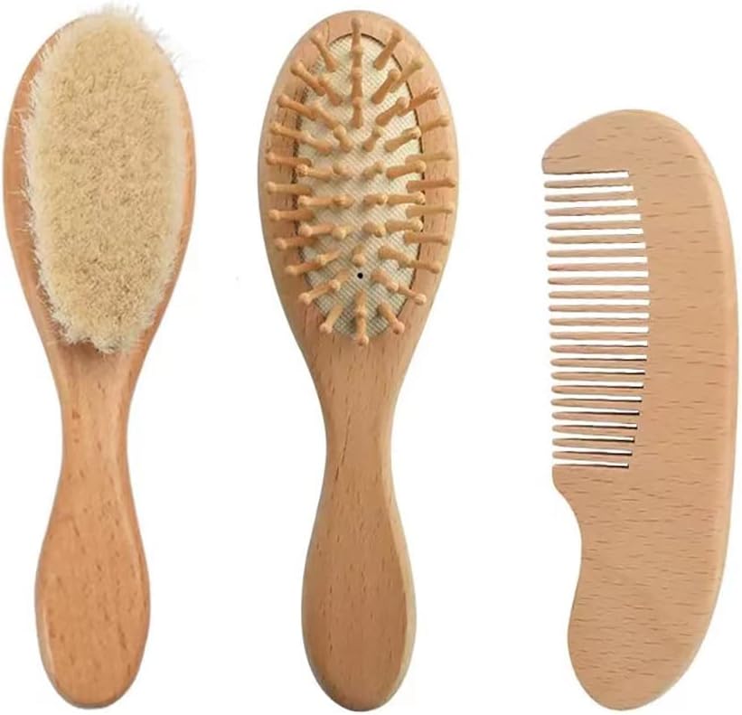 Baby Hair Brush and Comb Set for Newborn| Natural Wooden Hairbrush with Soft Goat Bristles, Pear Wood Comb and Wooden Massage Brush for Infant, Toddler, Kids