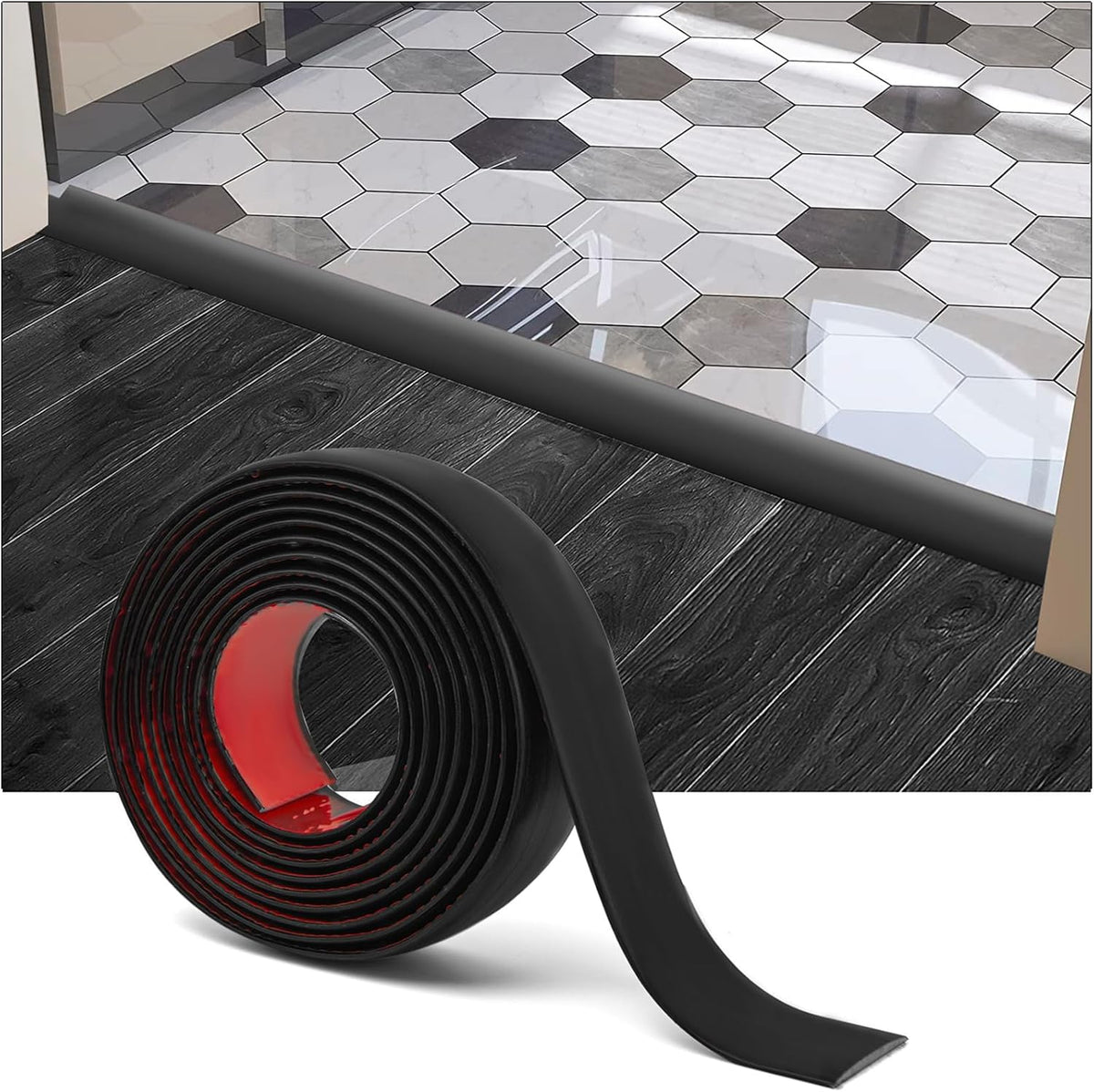 Self Adhesive Vinyl Floor Transition Strip,Laminate Floor Strip Floor Flat Divider Strip for Joining Floor Gaps,Carpet Threshold Transition,Floor Tiles（10 FT, 1.57in, Black）