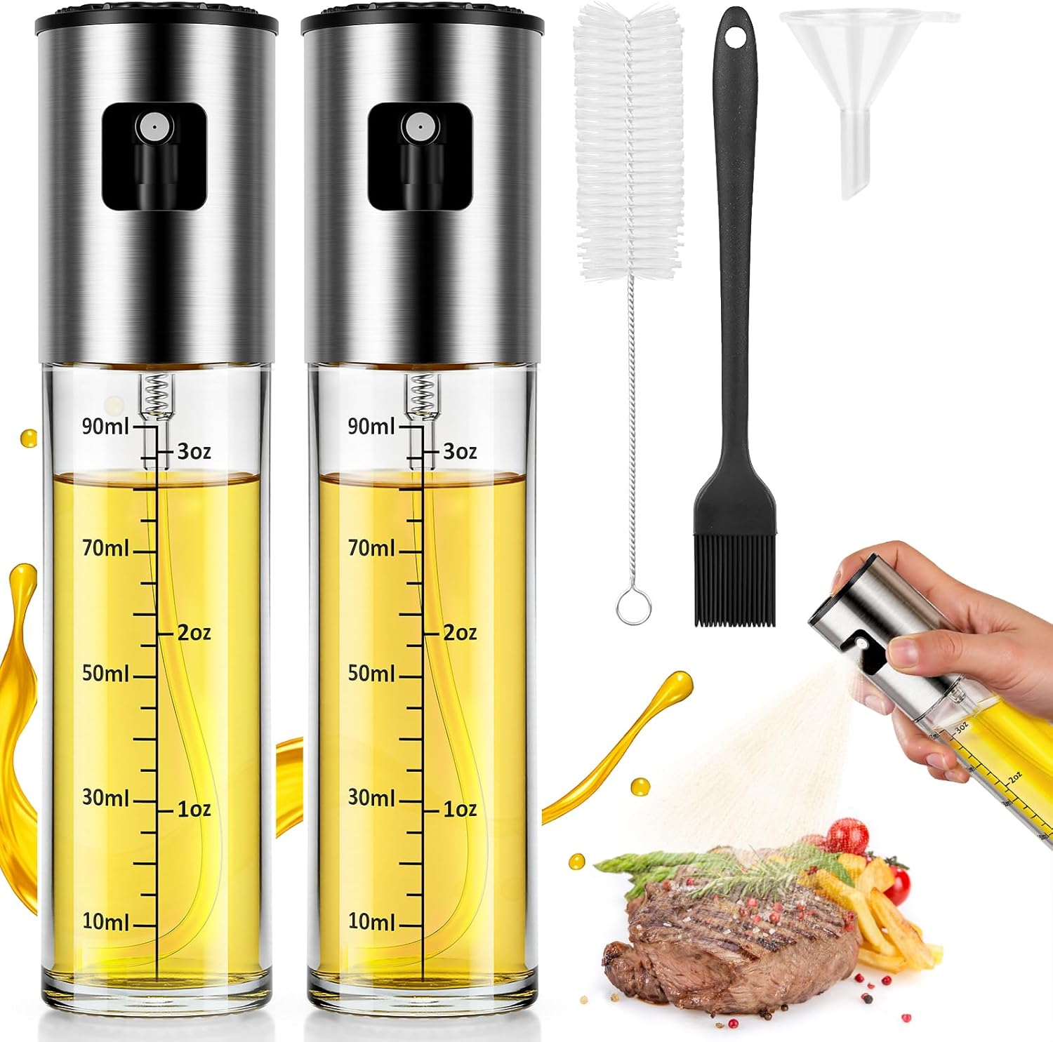 Oil Spray Bottle 2Pcs: Olive Sprayer for Cooking, Olive Oil Dispenser Bottle for Kitchen Gadgets,Food-grade Glass Oil Mister for Air Fryer, Frying, Salad, BBQ (2)