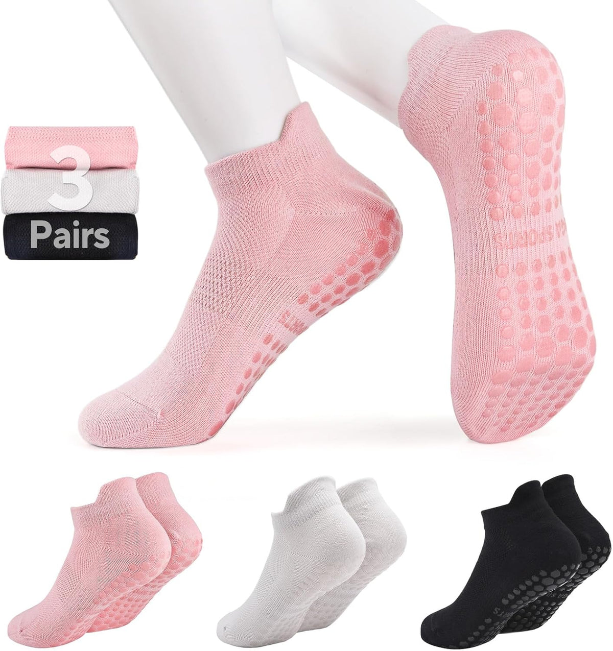 3 Pairs Pilates Grip Socks, Non Slip Yoga Socks for Women, Anti-Skid Grip Socks Breathable Cotton Socks for Yoga, Barre, Dance, Barefoot, Workout, Pregnant, Fitness and Ballet