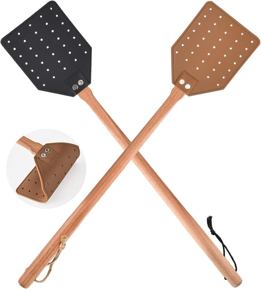 2 Pcs Leather Fly Swatter with Wood Handle, Durable Heavy Duty Fly Insects Catcher for Indoor Outdoor, Wooden Design Fly Killer Pest Control Bug Swatter Manual for Spiders, Flies, Bees, Mosquitoes