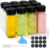 12 pcs 2oz Small Plastic Juice Bottles with Lids，Reusable Leak proof Ginger Shots Bottle with Black caps, Wellness Mini Jars Plastic Containers for Smoothie, Water, Milk and Other Beverages