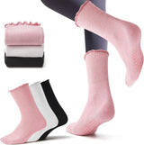 3 Pairs Pilates Grip Socks,Non Slip Ruffle Yoga Socks for Women,Anti-Skid Athletic Breathable Cotton Crew Socks for Yoga,Barre,Dance,Pregnant,Hospital,Fitness and Workout