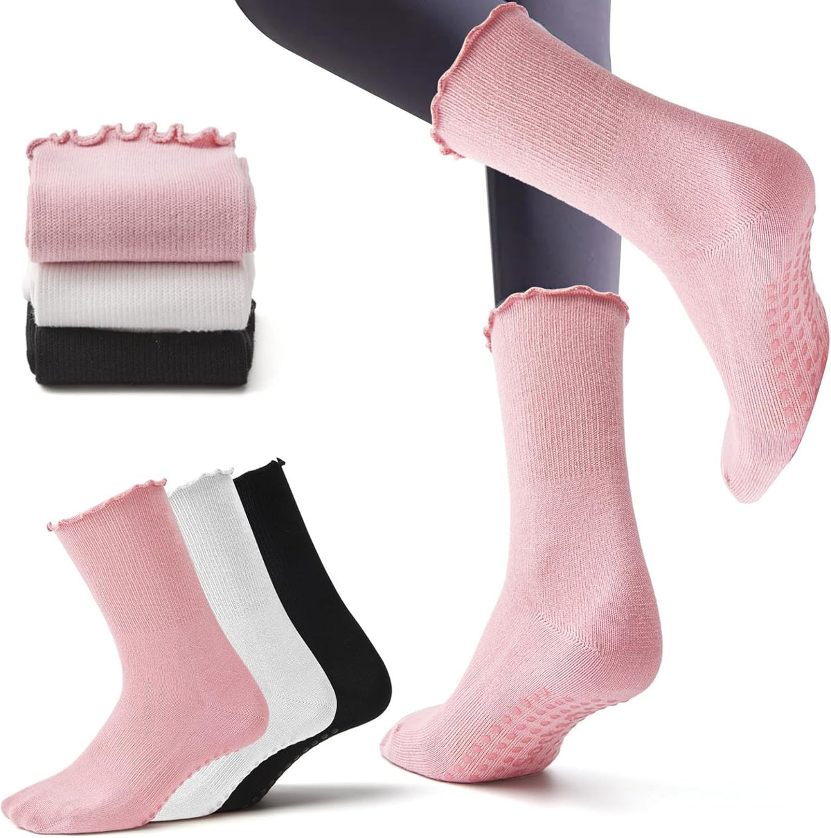 3 Pairs Pilates Grip Socks,Non Slip Ruffle Yoga Socks for Women,Anti-Skid Athletic Breathable Cotton Crew Socks for Yoga,Barre,Dance,Pregnant,Hospital,Fitness and Workout