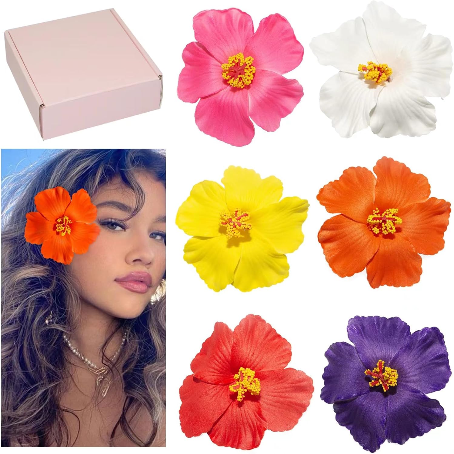 Hawaiian Flower Hair Clips for Women, 6Pcs Hibiscus Hair Clips for Thick Thin Hair, 3.5 Inch Artificial Flower Clips for Vacation Beach Party