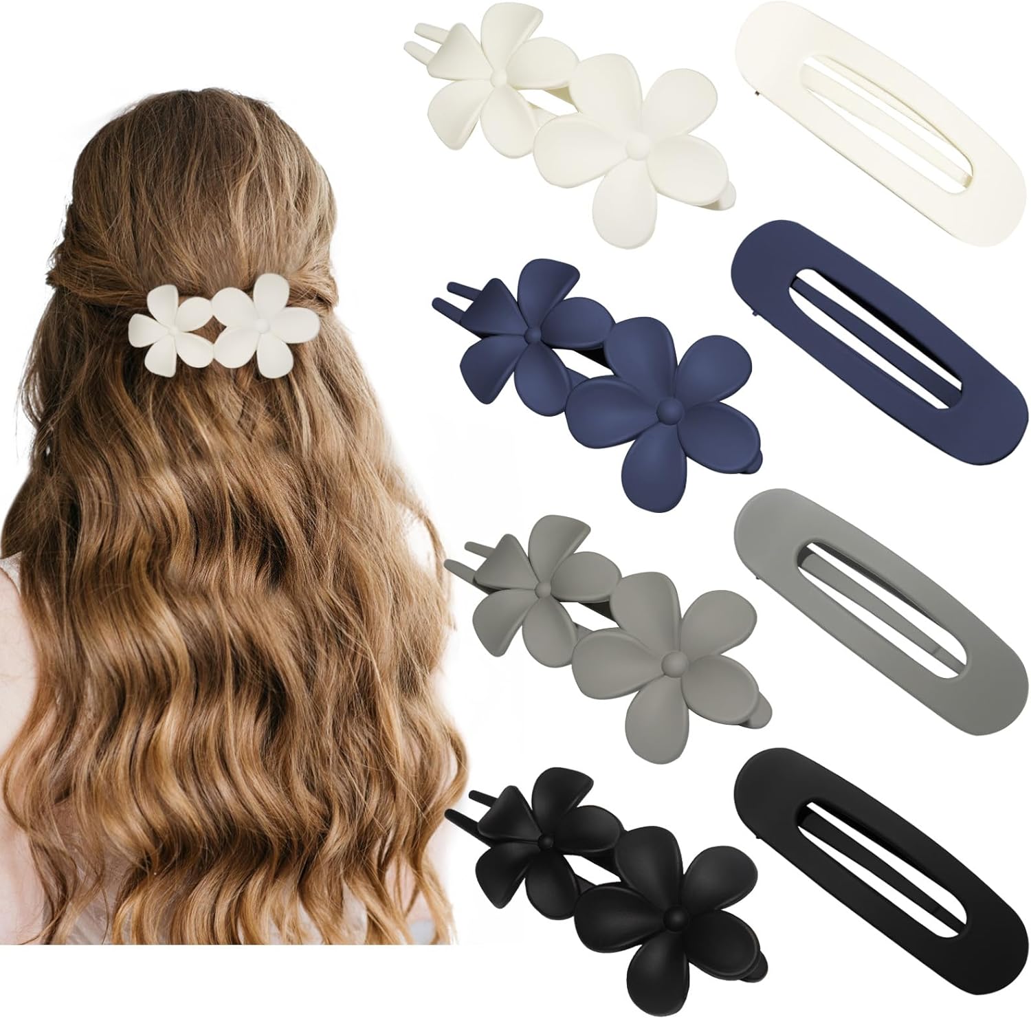 Flat Hair Clips 8 Pcs - 2 Style Lay Down Flat Claw Clips for Thick Hair, Big Matte Flower Clips Stylish Alligator Clips for Women Girls Prom Party Hair Decorations (Dark Color)