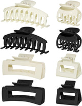 4 Style Hair Clips for Women, 8 Pcs 4.3 Inch Large Hair Claw Clips for Thick Hair and 2 Inch Claw Clips for Thin Hair, Square Double Row Teeth Strong Hold Nonslip Hair Claws (Black+beige)