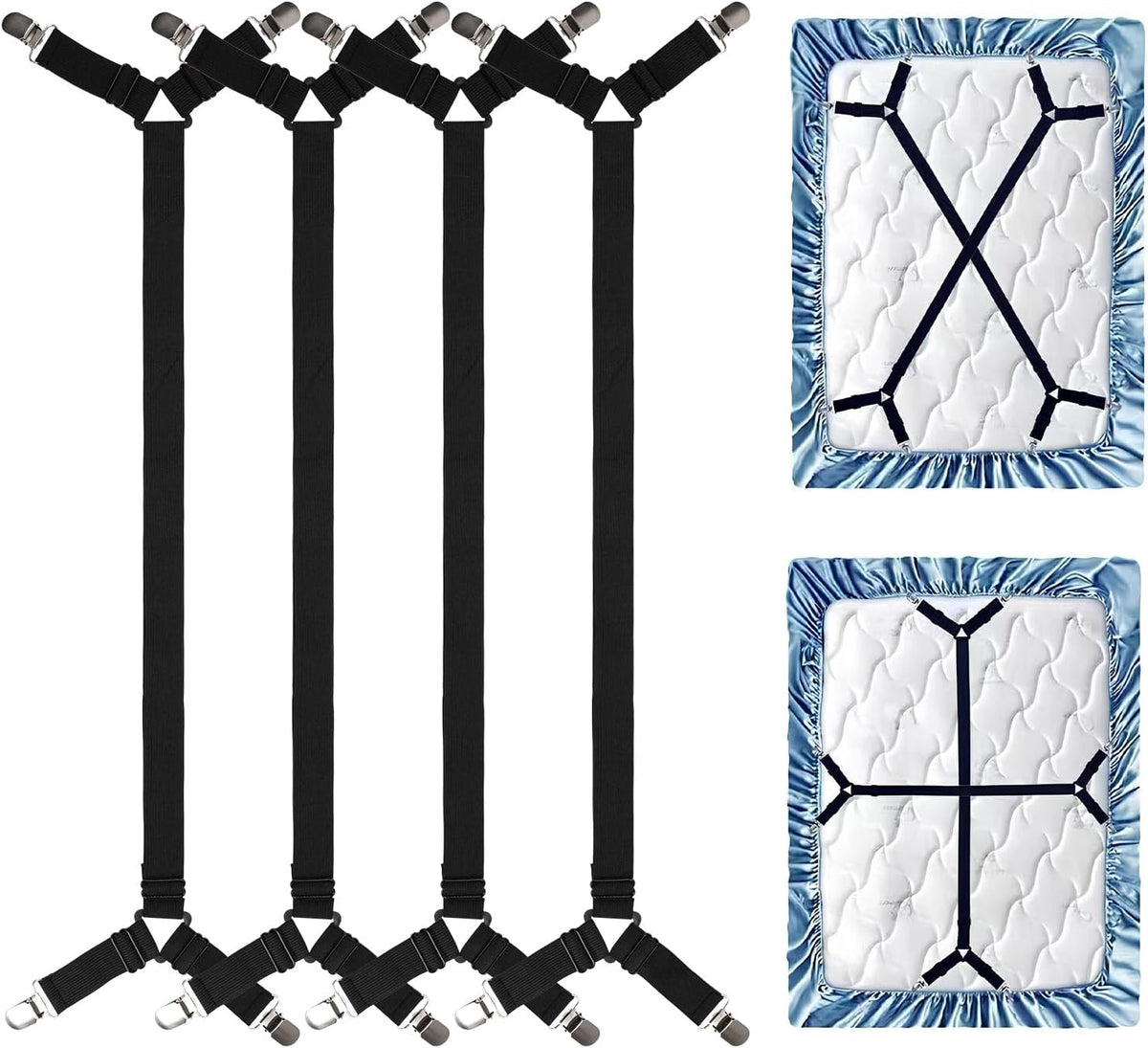 4PCS Bed Sheet Holders Straps for Corners, Elastic Adjustable Fitted Sheet Holder, Easy Install Bed Sheet Holder Suit for Round and Square Mattresses Bedspread Fasteners and Suspenders