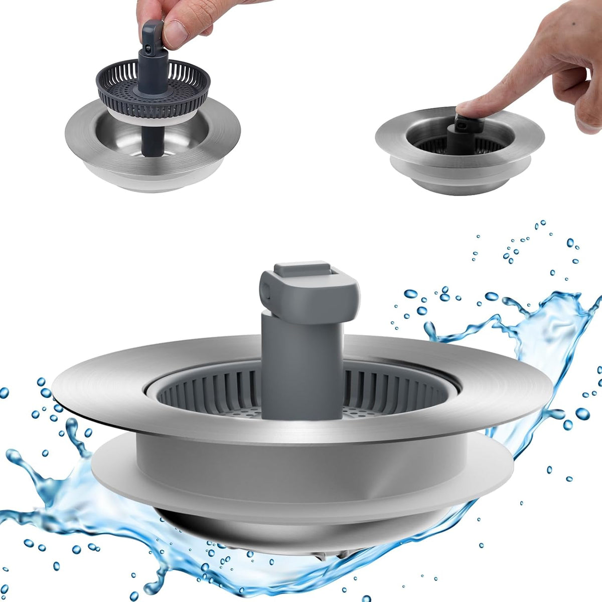 Upgraded 3 in 1 Kitchen Sink Drain Strainer and Stopper Combo, Stainless Steel Metal Pop Up Sink Stopper, Anti-Clogging Basket with Foldable Handle for US Standard 3-1/2 Inch Drain