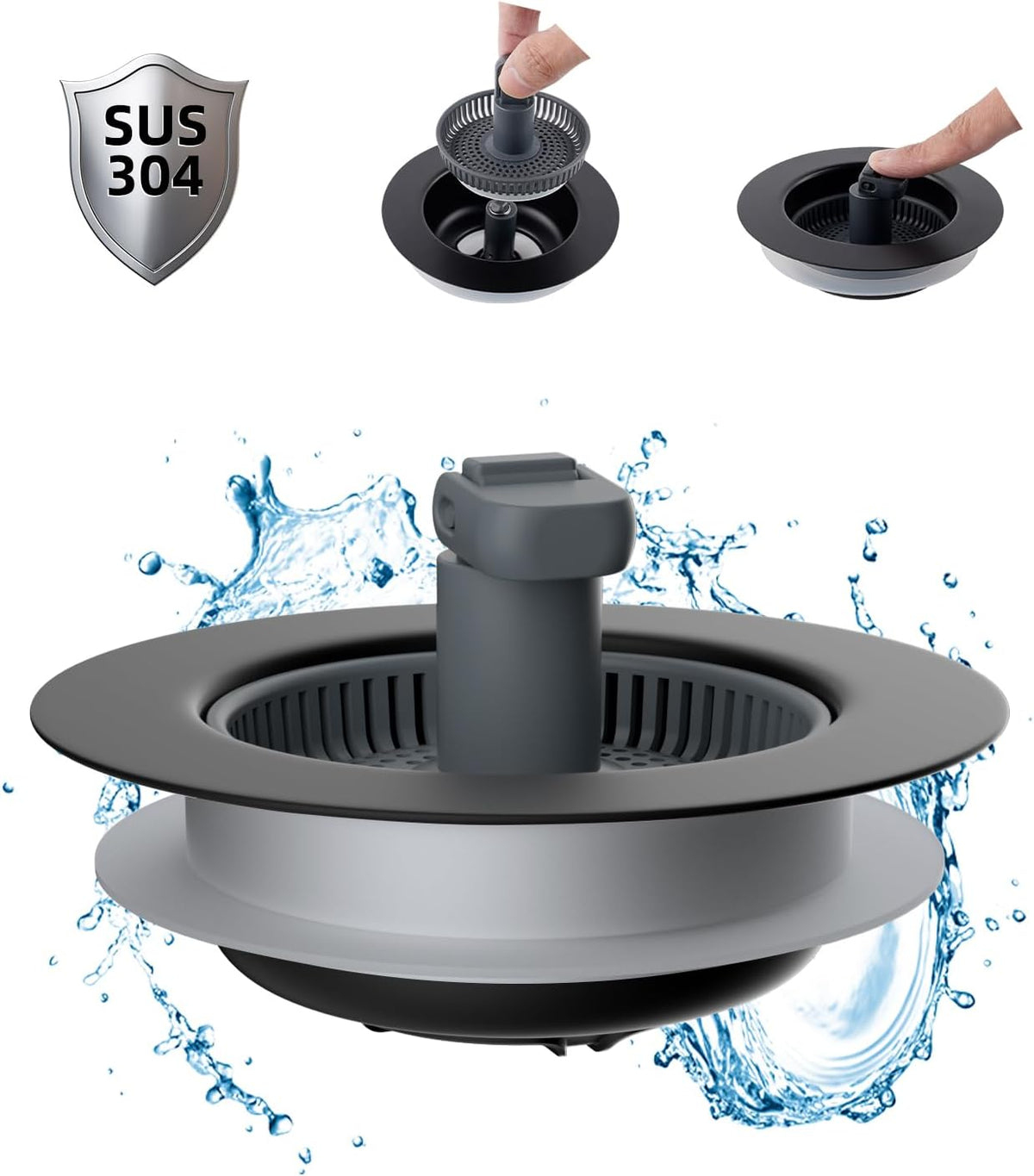 3 in 1 Kitchen Sink Drain Strainer and Stopper Combo, Stainless Steel Metal Pop Up Sink Stopper, Anti-Clogging Basket Strainer with Foldable Handle for US Standard 3-1/2" Drain, Matte Black