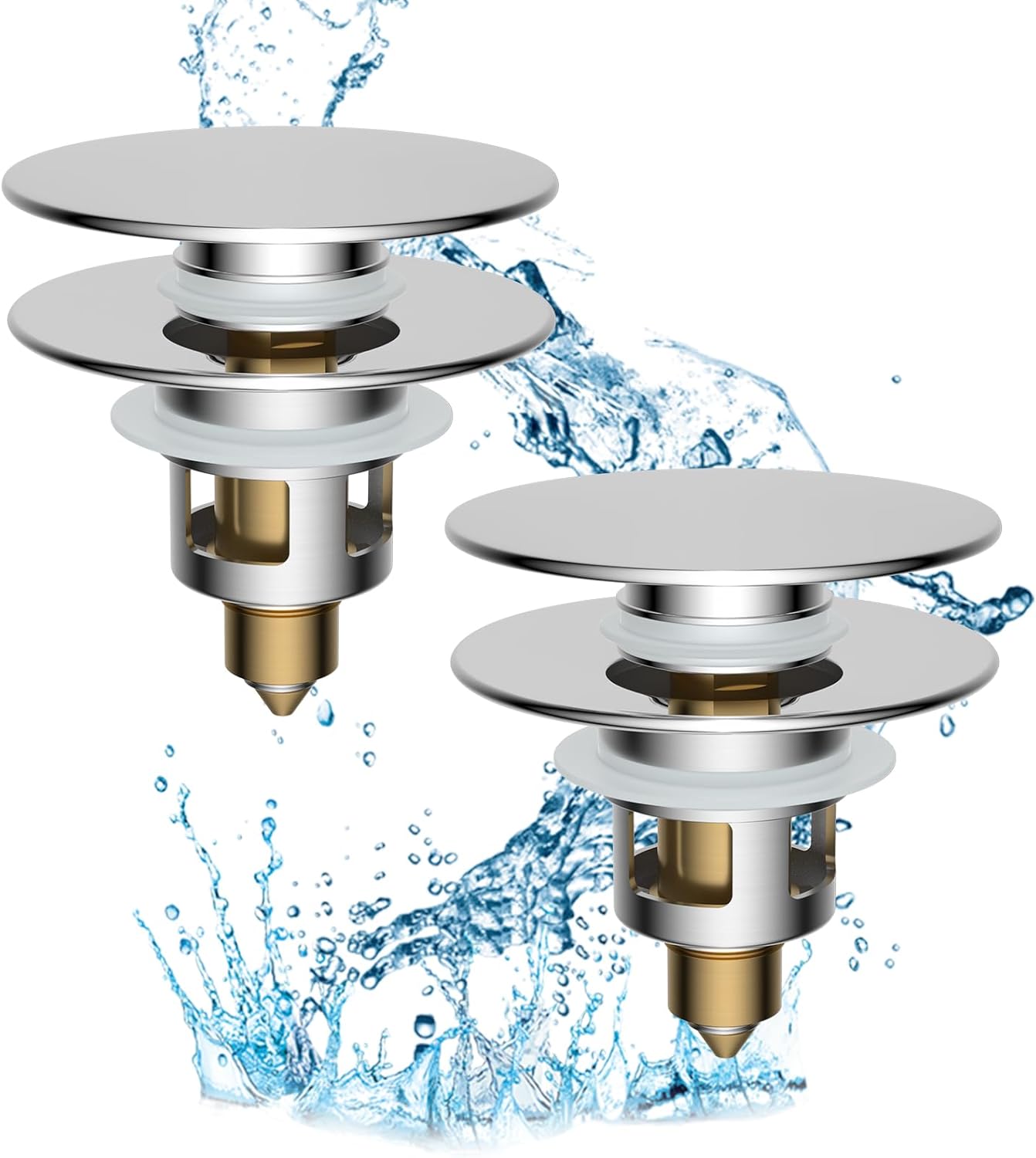 2 Pack All Metal Upgraded Bathroom Sink Stopper, Universal Pop Up Sink Drain Strainer, Brass Bullet Core Push Type Sink Stopper for 1''~2.3''' Basin, Anti Clogging Drain Filter, Chrome