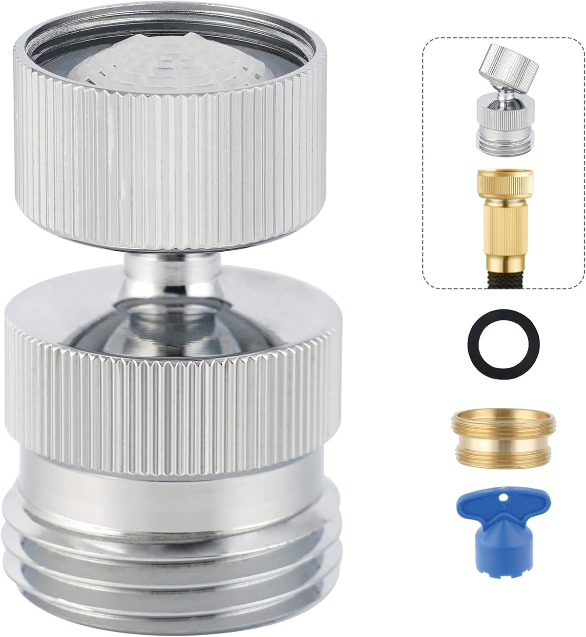 Garden Hose Adapter Kit - Sink Swivel Faucet Aerator to Connect Hose, Multi-Thread With Cache Aerator Key for Male and Female Connections, Chrome Finish