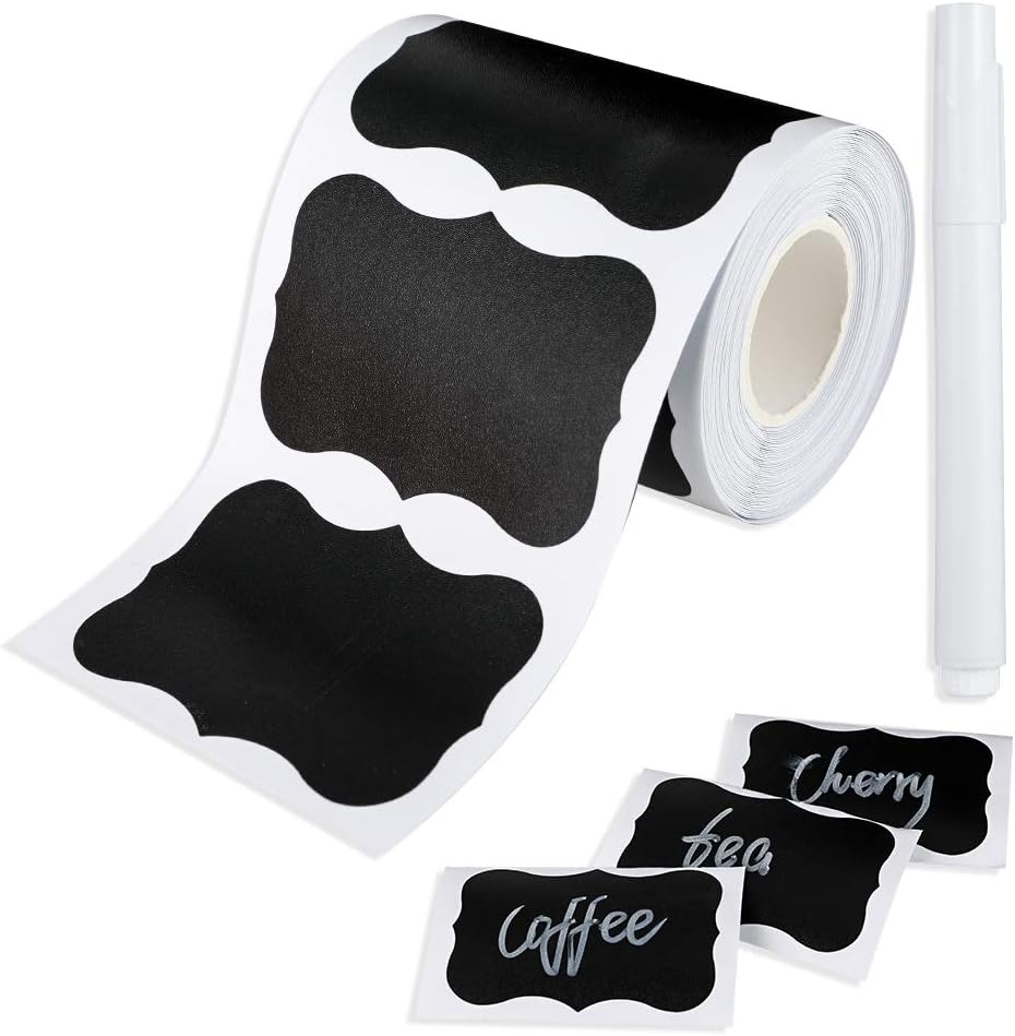 Cerolopy 150Pcs Waterproof Chalkboard Labels, Reusable Blackboard Stickers for Kitchen Organize with 1 White Chalk Pen,Removable Label Sticker on a Roll for Jars, Scrapbooking(Lace Shape)