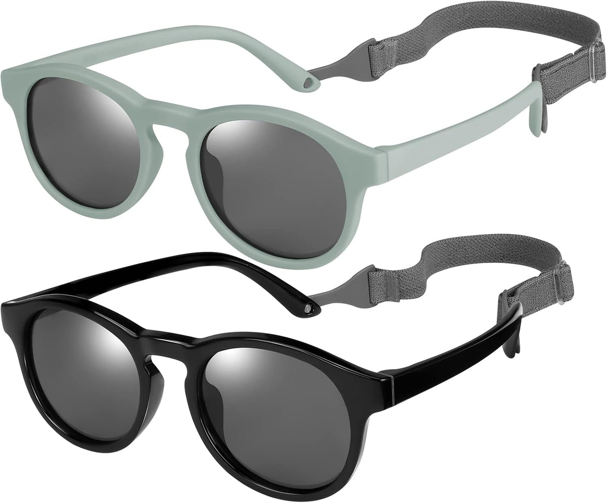 2 PCS Baby Toddler Sunglasses with Strap Kids Polarized Sun Glasses UV-400 Flexible Frame Unbreakable Sunglasses for Boys and Girls Age 0-3