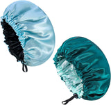 NADONEL 2 Pcs Silk Bonnet Sleep Cap, Adjustable Silk Bonnet Sleep Cap Waterproof Satin Hair Cap Night Cap Double Layer Satin Bonnet for Women Girls Black Curly Hair (Blue+Green)