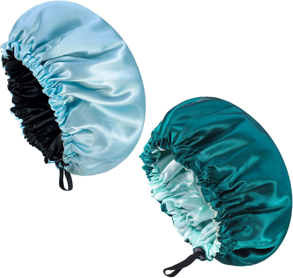 NADONEL 2 Pcs Silk Bonnet Sleep Cap, Adjustable Silk Bonnet Sleep Cap Waterproof Satin Hair Cap Night Cap Double Layer Satin Bonnet for Women Girls Black Curly Hair (Blue+Green)