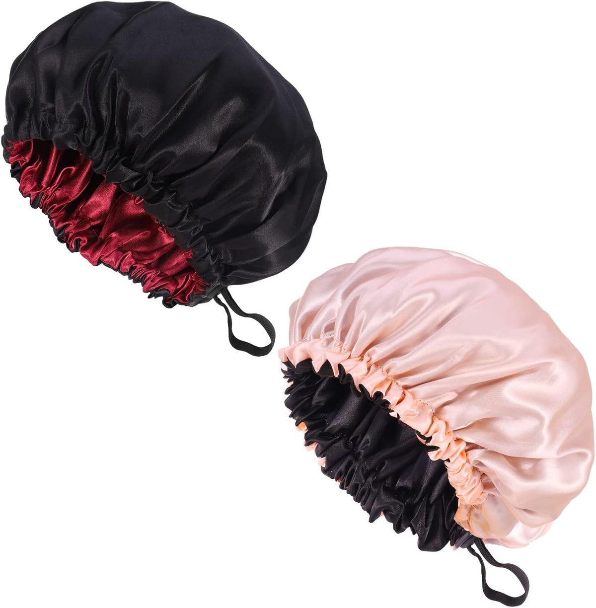 2 Pcs Silk Bonnet Sleep Cap, Adjustable Waterproof Satin Hair Night Cap, Double Layer for Women Girls Black Curly Hair