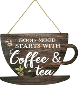 Wooden Coffee Sign Good Moon Starts with Coffee & Tea Hanging Plaque Coffee Sign Farmhouse Decorative for Kitchen Bar Decor Coffee Lover