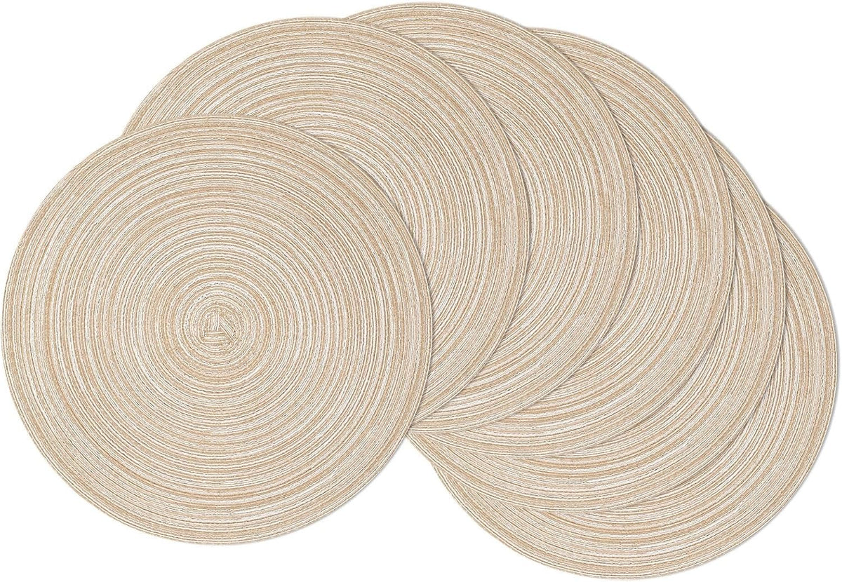 Round Braided Placemats Set of 6 Washable Round Placemats for Kitchen Table 15 inch Round Table Mats (Beige, 6)