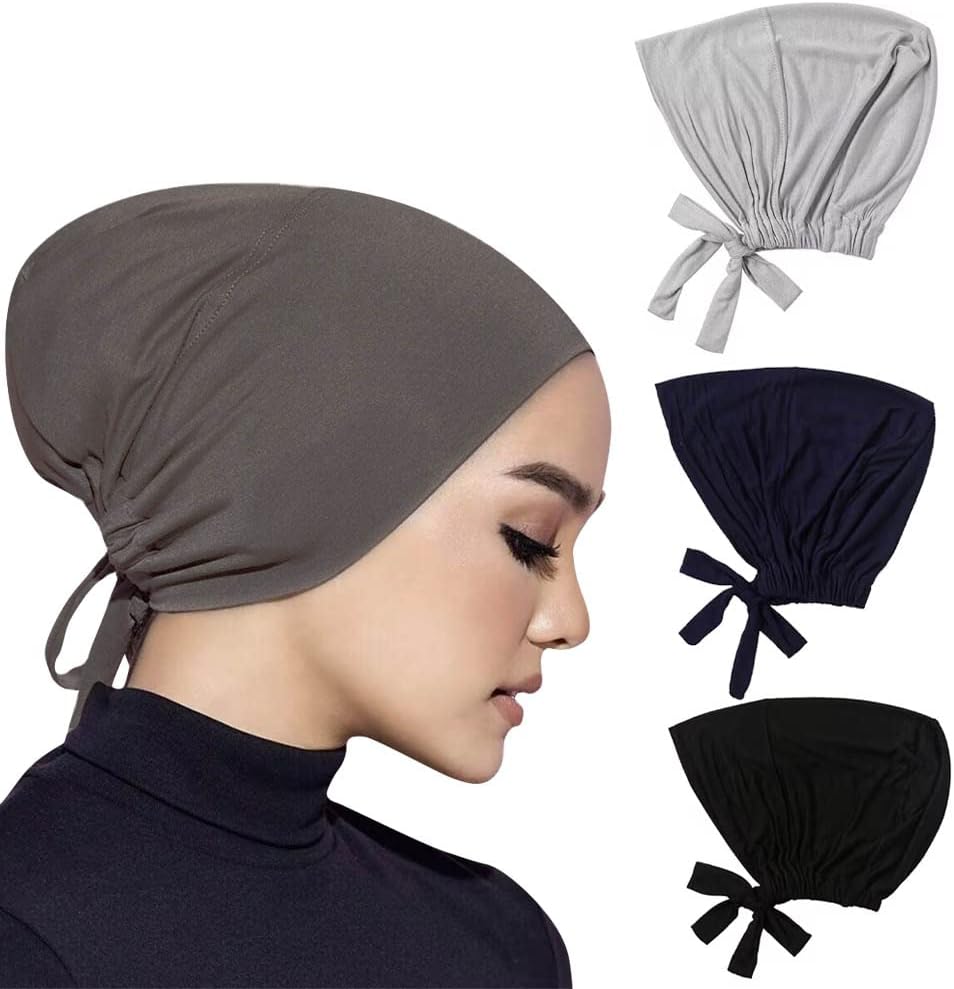 4 Pcs Women Hijab Undercap Muslim Inner Beanies Cap with Tie Back Closure Adjustable Underscarf Hat Chemo Turban Cap