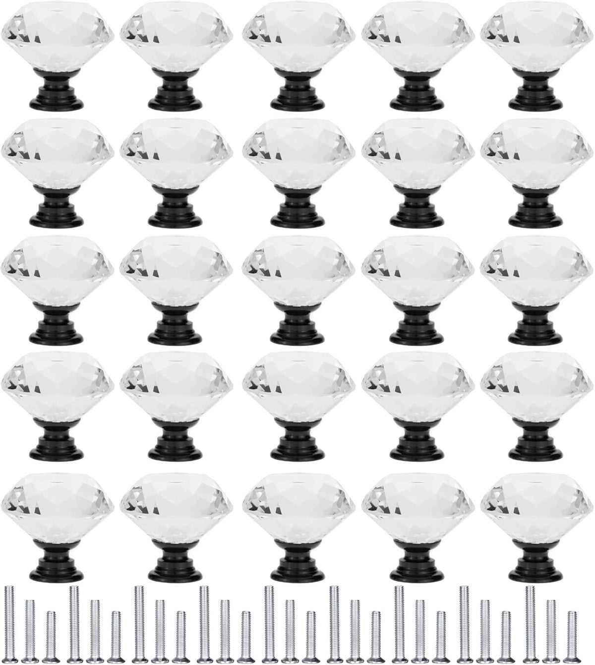25 Pack Drawer Knobs Diamond Shaped Crystal Glass 30mm Cabinet Knobs Pull Handles (30mm, 25 Pack, Black)
