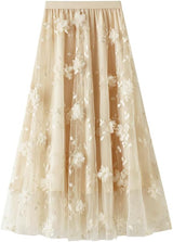 Women's Tutu Tulle Skirt Elastic High Waist Layered Midi Skirt Lace Embroidery Asymmetrical A-Line Skirt