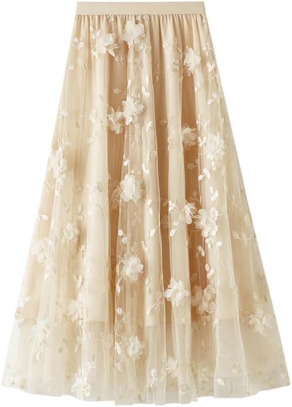 Women's Tutu Tulle Skirt Elastic High Waist Layered Midi Skirt Lace Embroidery Asymmetrical A-Line Skirt