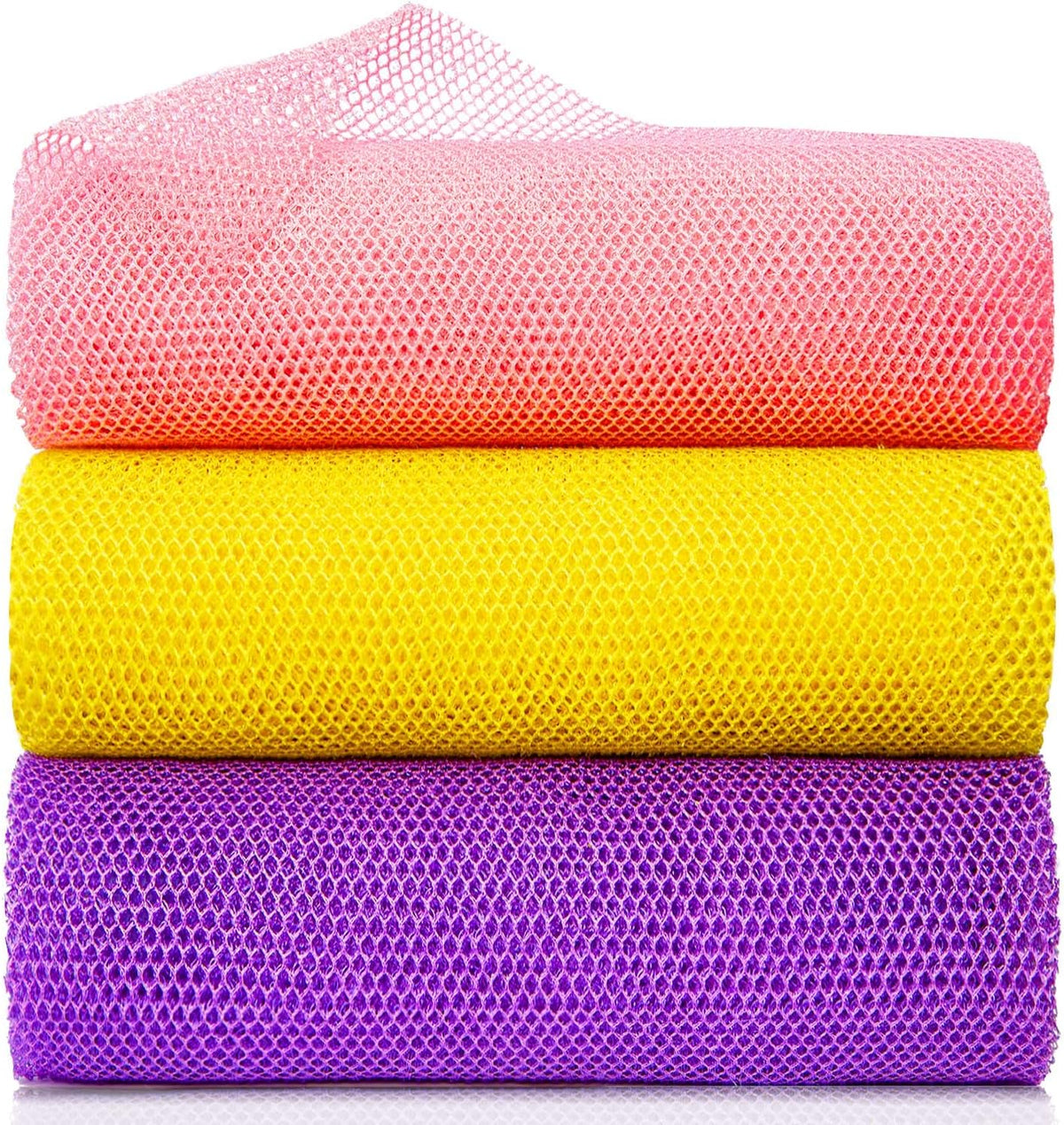 3 Pieces African Bath Sponge Exfoliating Scrubbing Long Net Rag Wash Shower Body Scrubber, Yellow Pink Purple