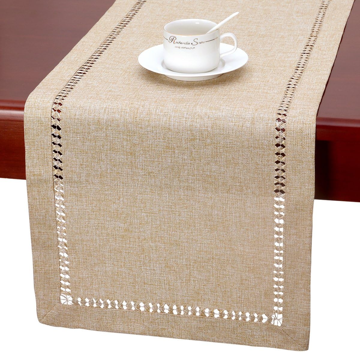Handmade Hemstitch Beige Table Runner Or Dresser Scarf, Rectangular 14 By 108 Inch