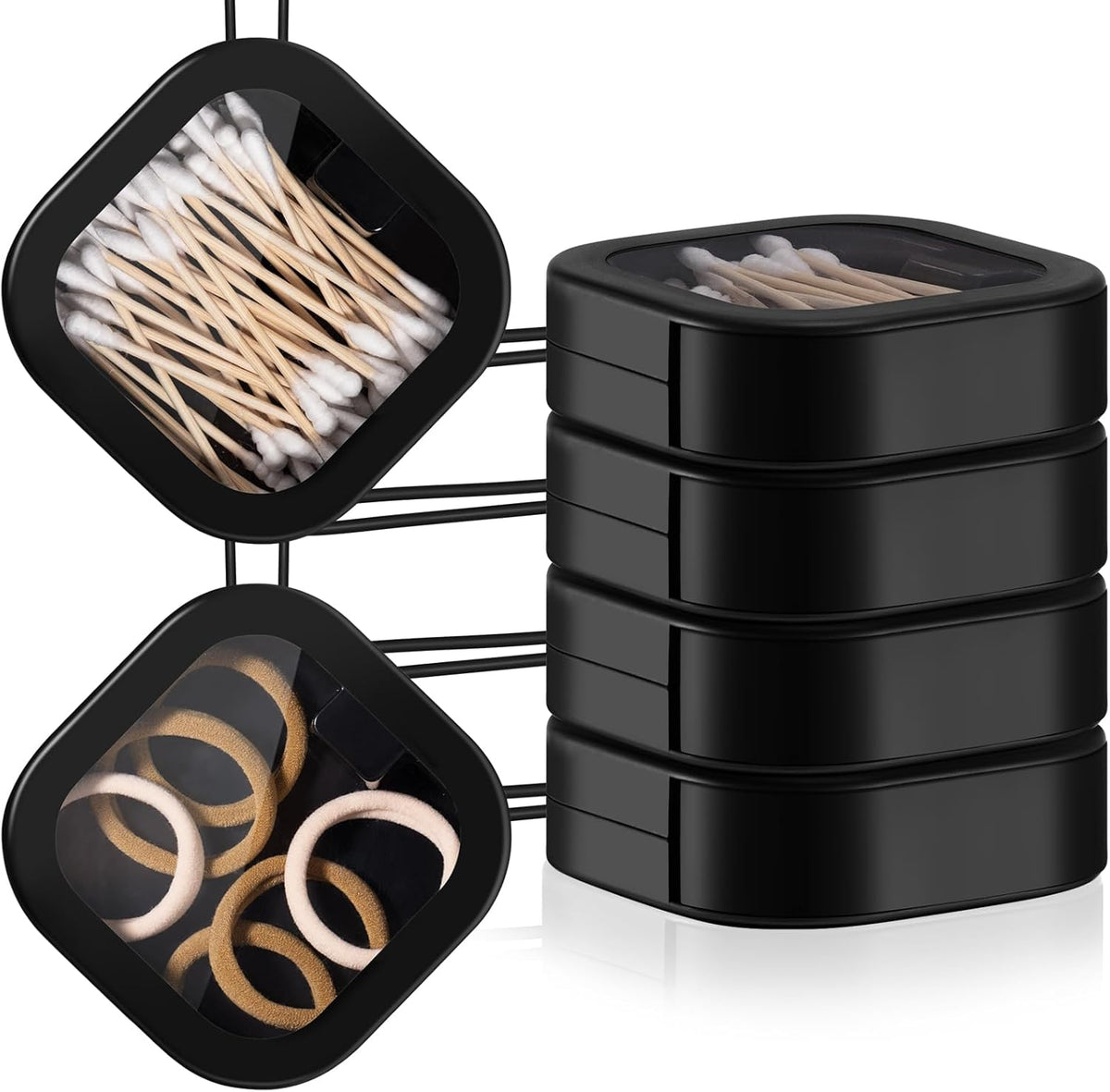 4 Pcs Black Hair Tie Organizer Portable Hair Accessory Storage Containers Stackable Tie Bobby Pin Holder Home Cotton Swab Dispenser Accessories Jewelry Organizer Box