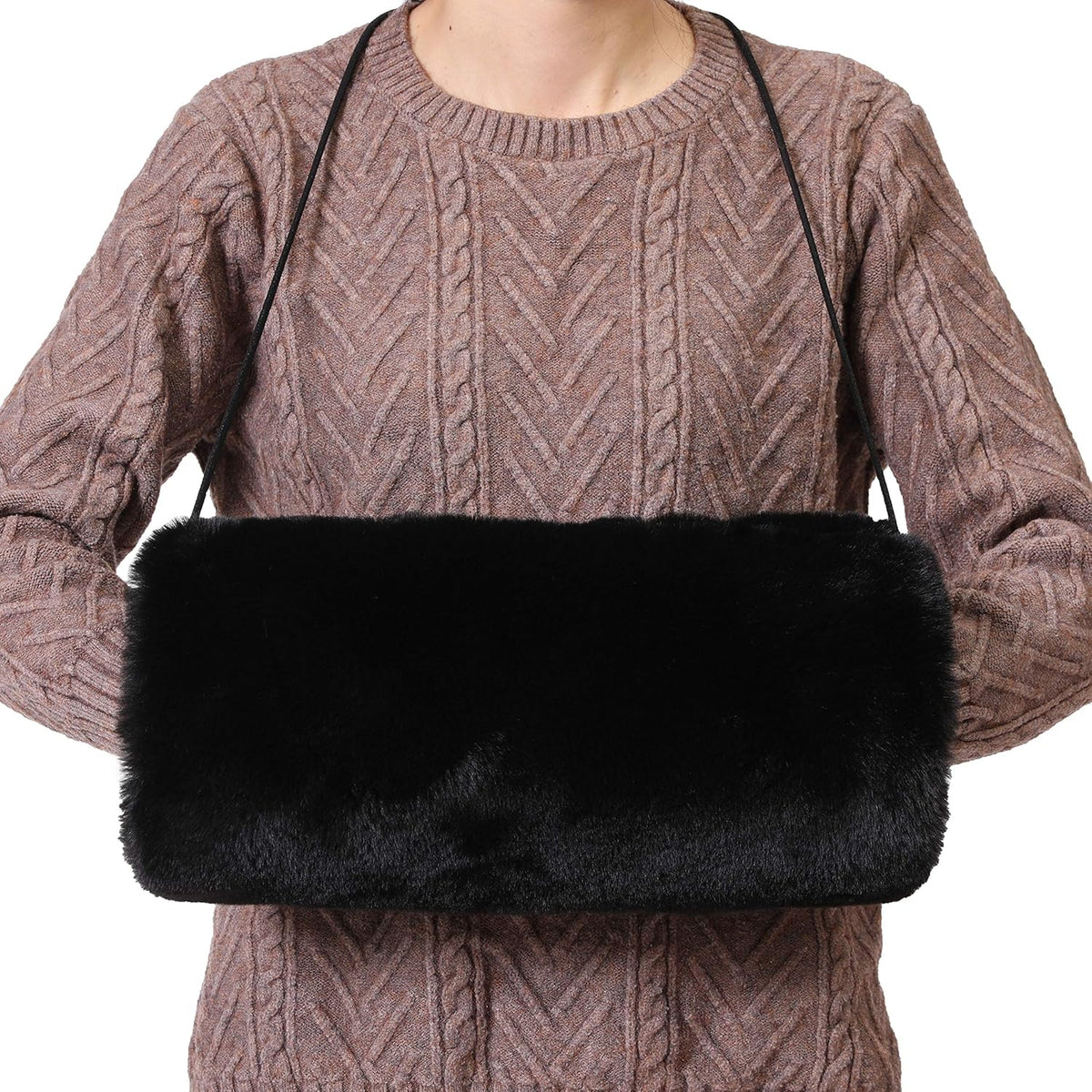 Faux Fur Hand Muffs for Women Winter Warm Arm and Hand Warmer with PU Leather Strap(Black)