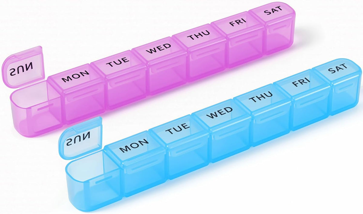 2 Pack Weekly Pill Organizer, Large 7 Day Pill Box, BPA-Free Travel Medicine Case, Easy Open & Secure Close, Portable Pill Holder for Vitamins, Supplements & Medications - Blue&Purple
