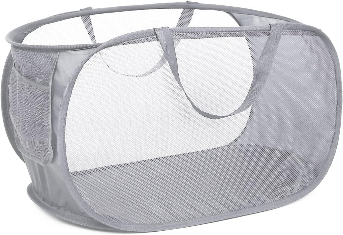 Mesh Collapsible Laundry Basket with Pockets and Reinforced Carry Handles, Foldable Dirty Clothes Pop up Laundry Hamper for Dorm Bathroom Bedroom Travel Dorm Camping (1, Grey)