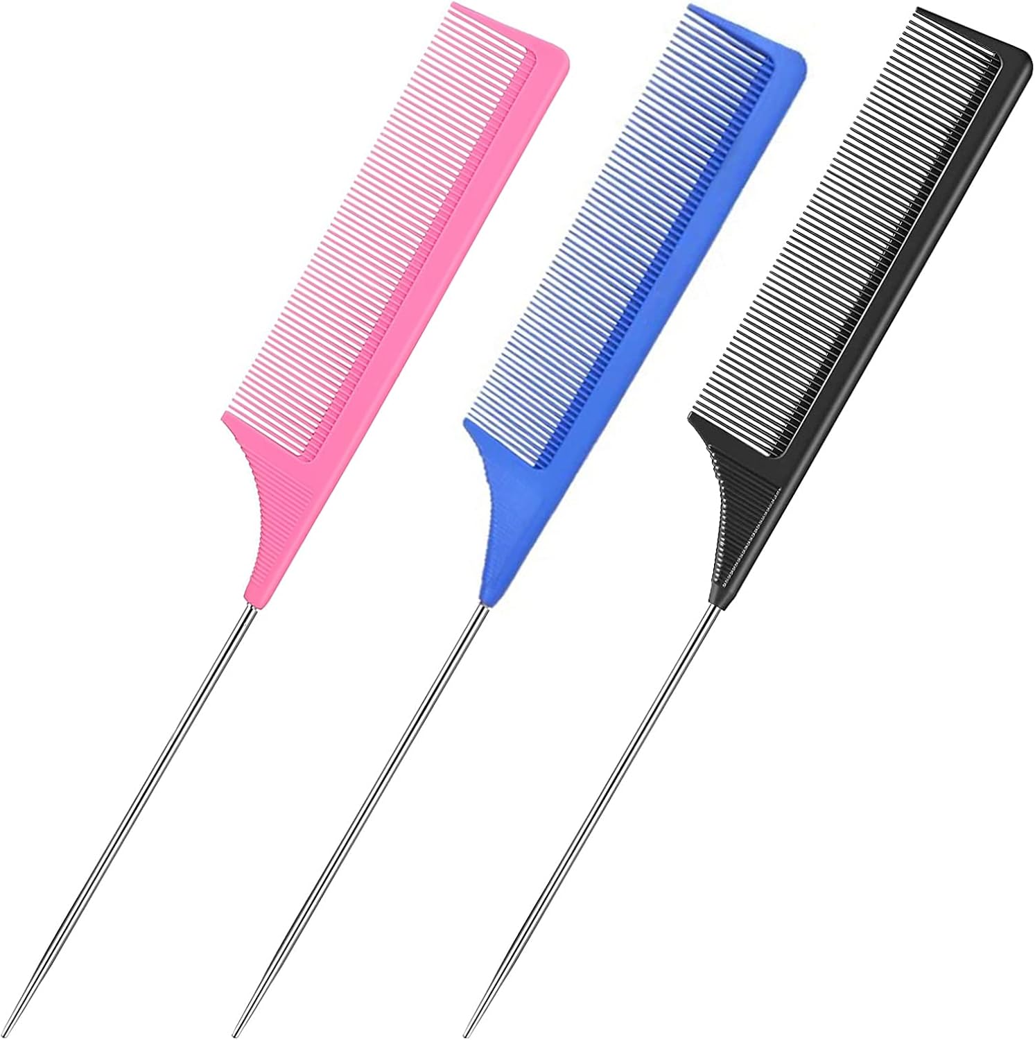 3 Pack Rat Tail Comb, Carbon Fiber Heat Resistant Teasing Combs with Stainless Steel Pintail for Women,Women Hair (black+blue+pink)