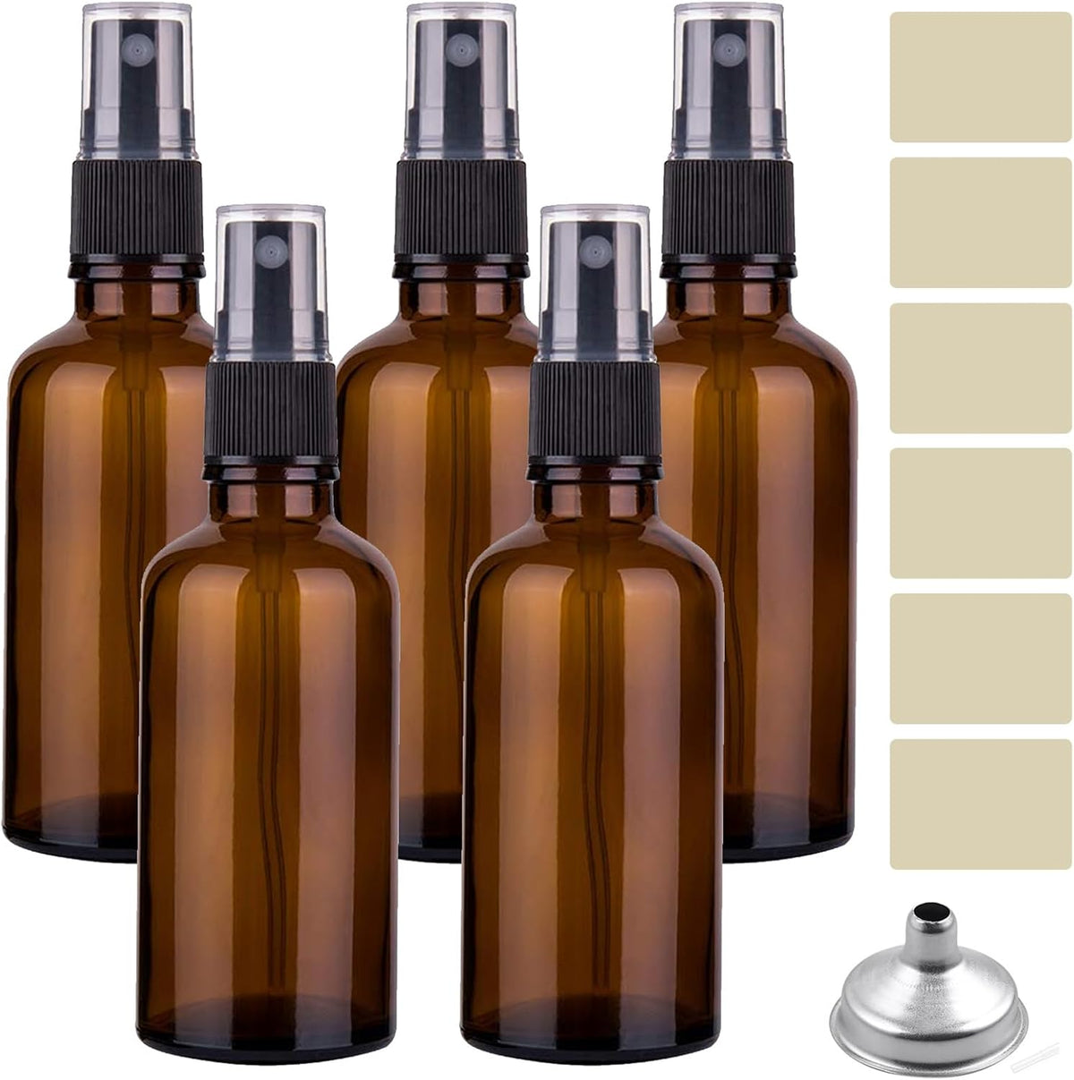 Glass Spray Bottles Amber Empty Spray Bottle Set of 5 Fine Mist Small Spraying Bottle with Funnel and Labels for Essential Oil Perfume Hair, 1.7oz