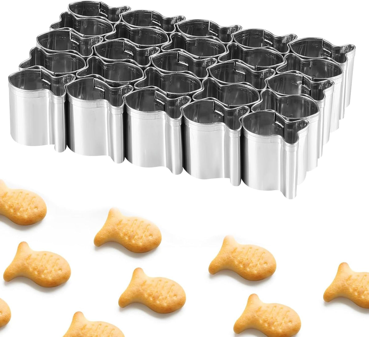 Gold Fish Cracker Cutter - 25 Cavity Fish Shaped Cookie Cutter - Stainless Steel - Silver - 1 Piece