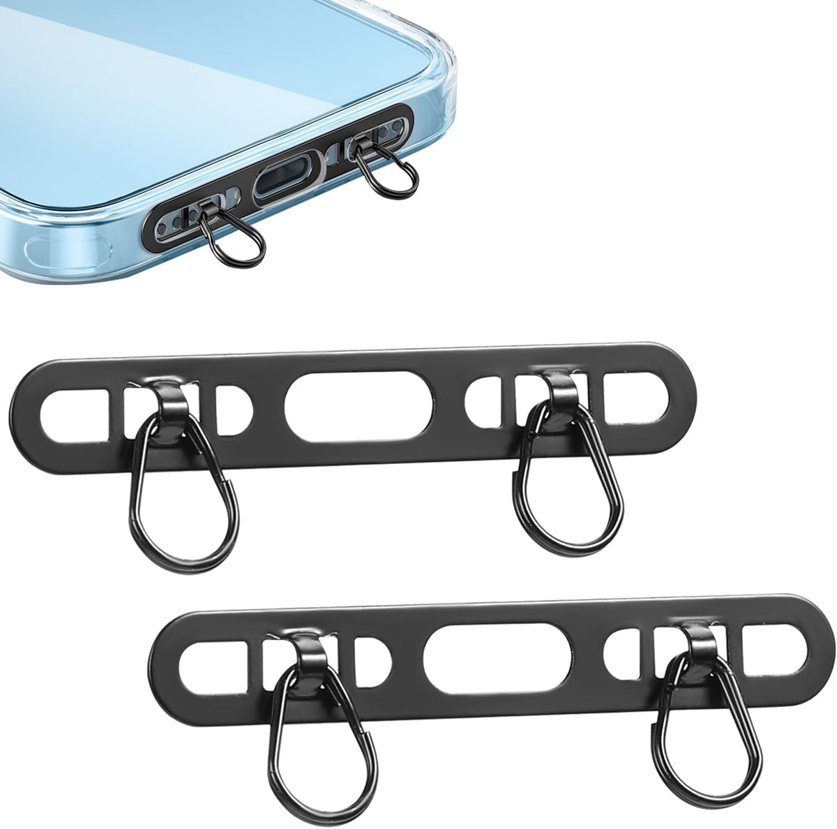 Phone Lanyard Pads 2PCS Universal Cell Phone Tether Tab Metal Ultra Thin Patch Non-Adhesive Phone Patches for Most Smartphones Cases (Black), Black, 4.6X 0.7CM
